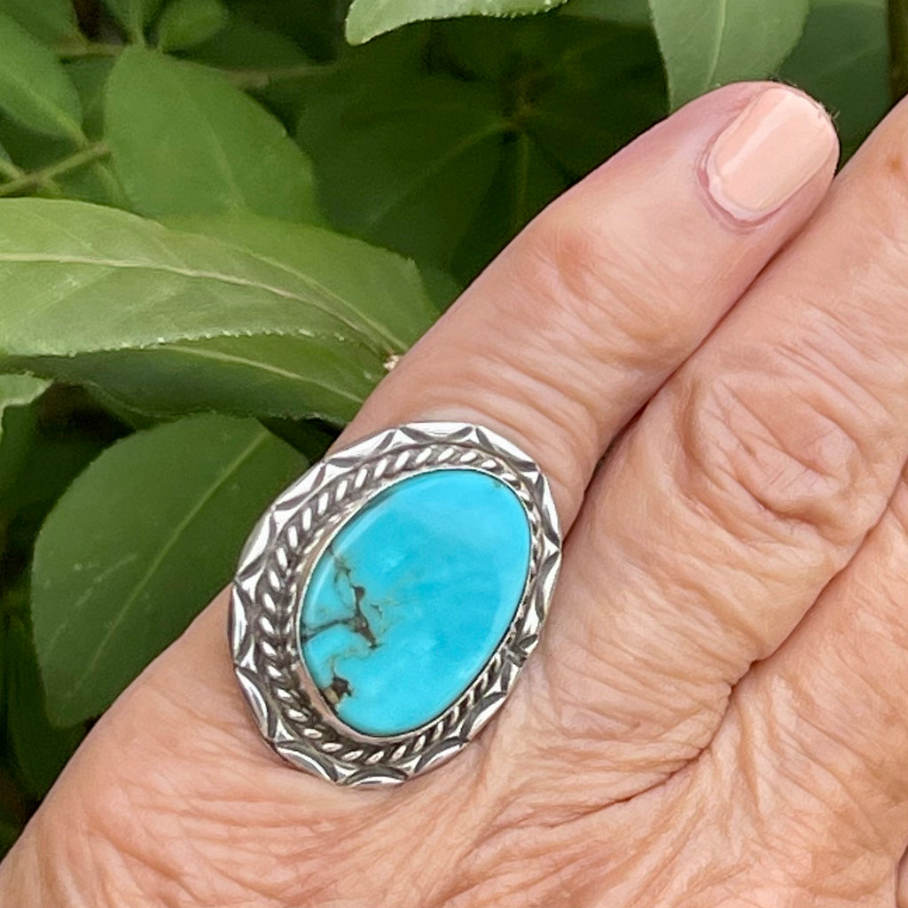 Navajo turquoise ring with blue turquoise and twist rope, Authentic Navajo turquoise ring in silver, size 6 1/4 (3/9)