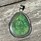Navajo large King's Manassa Turquoise pendant signed T. Lee, Extra large green turquoise Navajo silver pendant  (1/302)