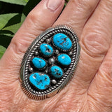 Native American Vintage Genuine Navajo Cluster Ring with Blue Turquoise, Turquoise Nugget ring Size 9 1/2 (KD210)