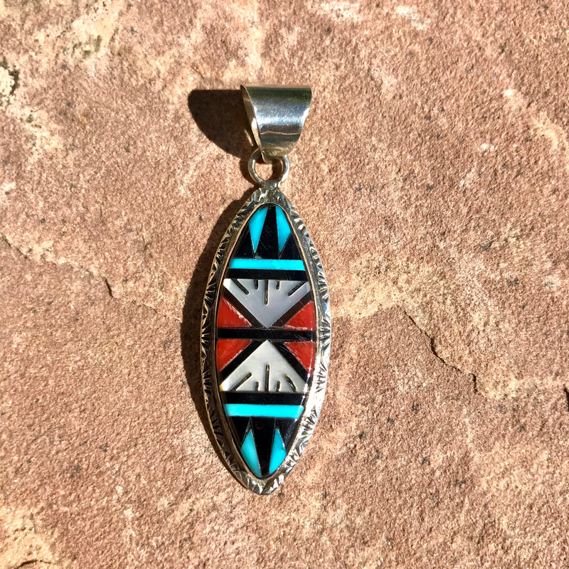 Zuni multi color inlay pendant with turquoise, coral, mother of pearl and black jet, Authentic Zuni silver and stone pendant (2/103)