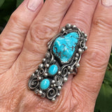 Native American Vintage Authentic Navajo Ring with Blue Turquoise by R. Shakey, Turquoise ring with 4 stones and scroll Size: 11 1/2 (KD207)