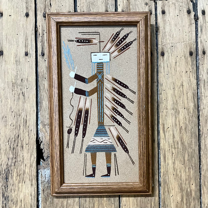 Navajo Sandpainting, Yei design Navajo sandpainting, 6 x 12 sandpainting framed and signed Benally, Authentic Sandpainting (BBL16)