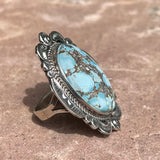 Golden Hills Turquoise Navajo sterling silver ring by Emma Mae Linkin, Navajo turquoise ring in size 8 1/2 by Emma Mae Linkin (1/361)