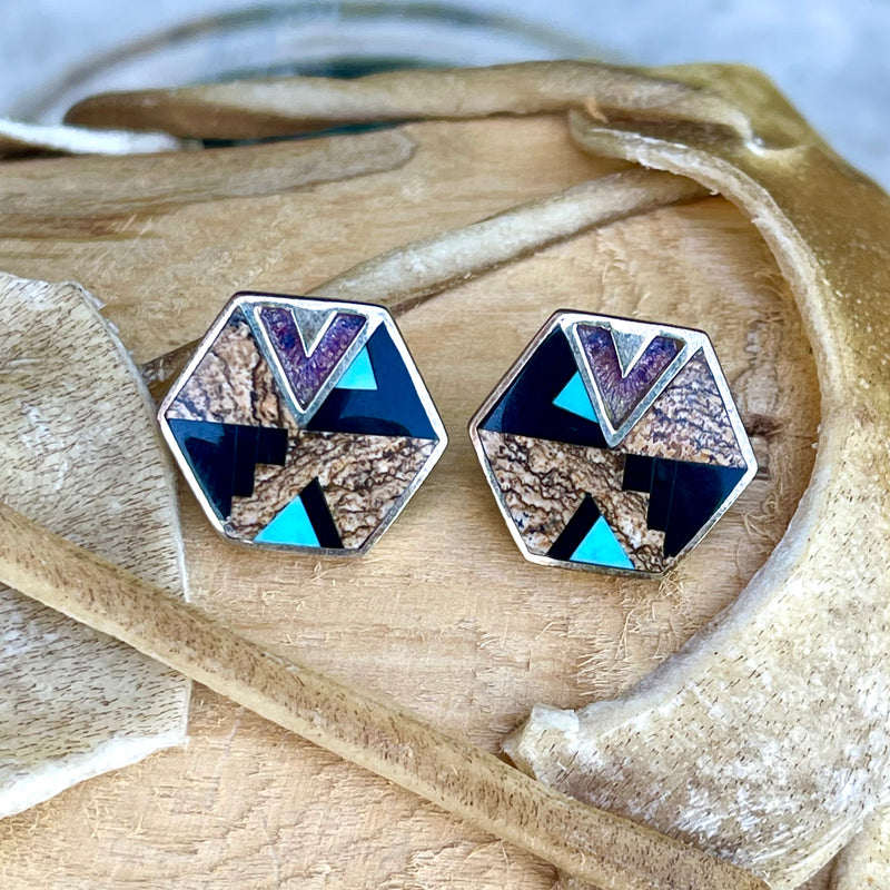 Contemporary Navajo Inlaid Hexagon Post Earrings by David Rosales of Supersmith with Black Jade, Picture Jasper, and Turquoise 1/443