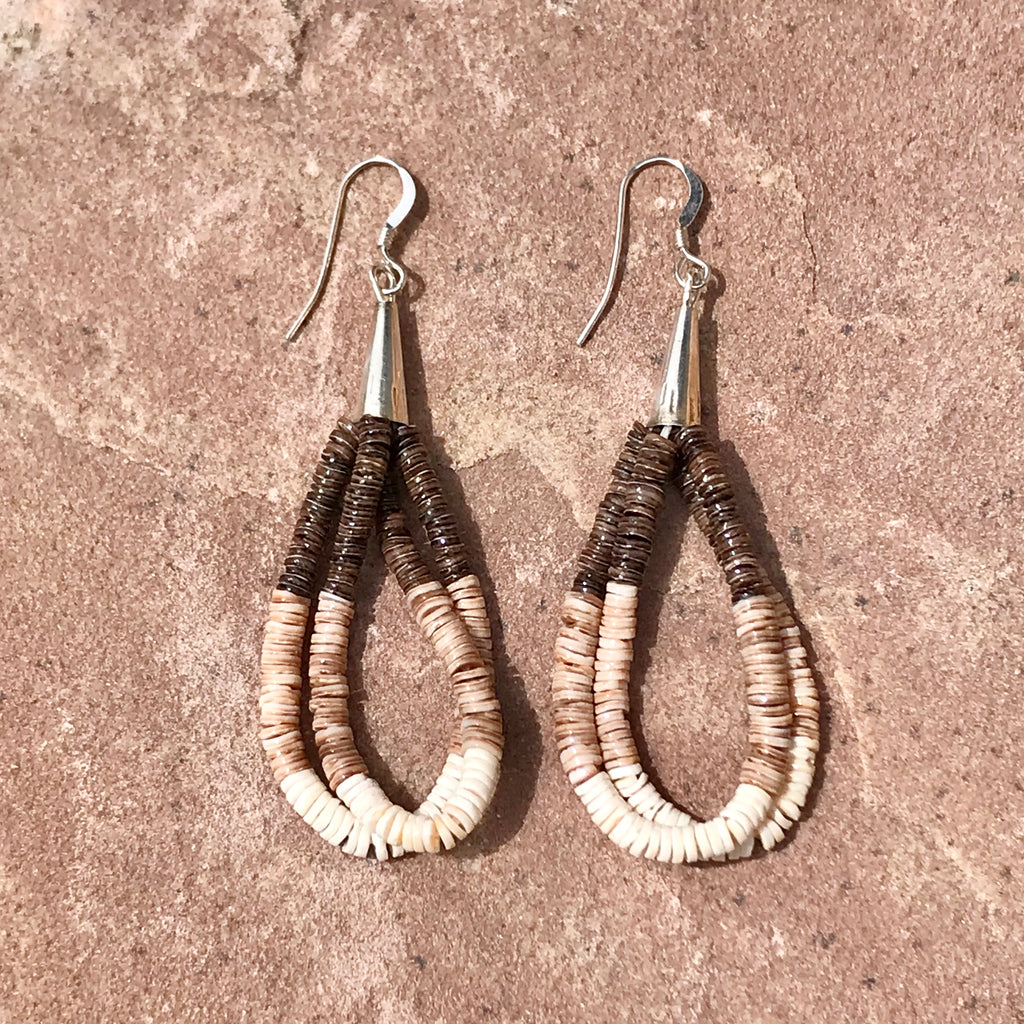Santo Domingo Heishe Strand Earrings by Ramona Bird, Shell Heishe dangle earrings (1/324)
