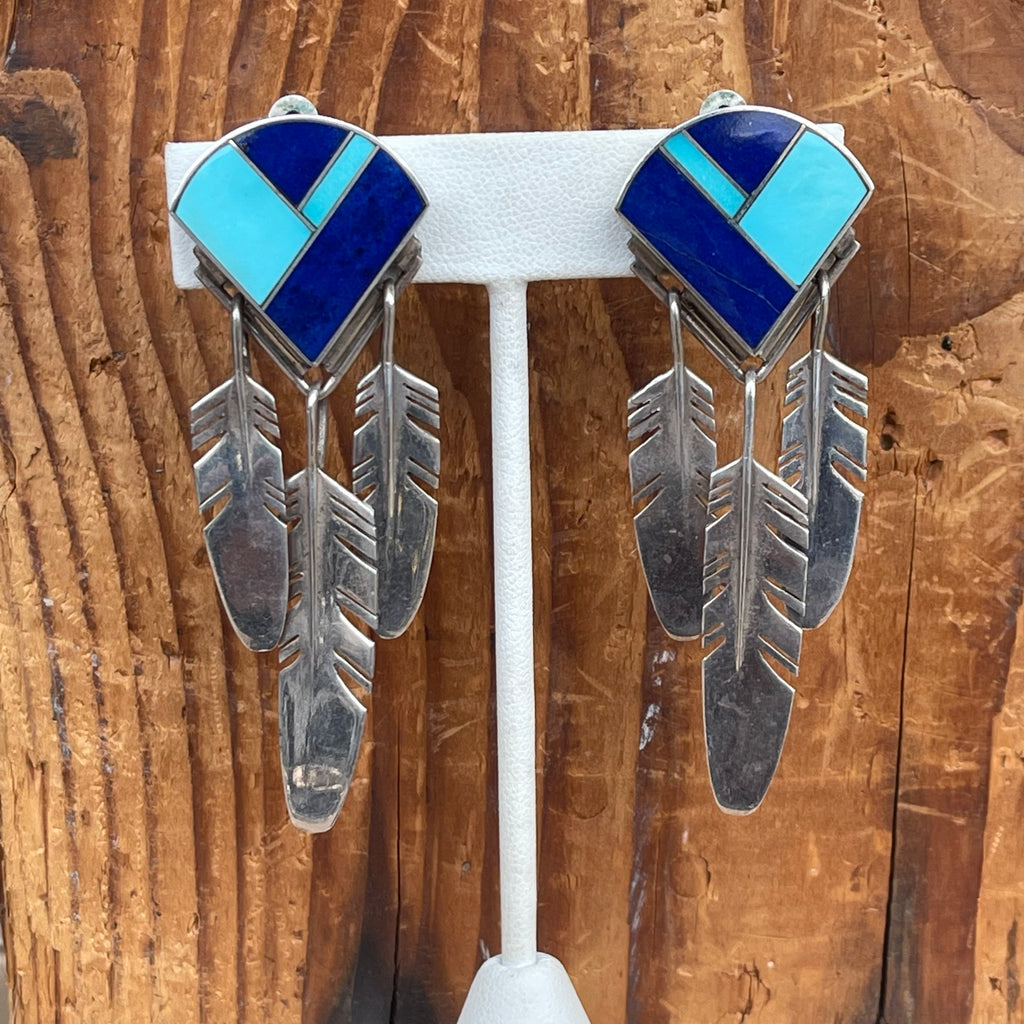 Ray Tracey, Navajo CLIP earrings with turquoise and blue lapis stones with sterling silver feathers, Ray Tracey jewelry  (JD19)