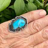 Vintage Blue Turquoise Navajo Ring with Flat Bezel and Rope Design, Traditional Navajo Vintage turquoise ring size 6 1/4  (KD232)