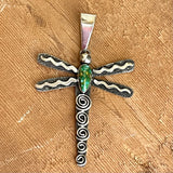 Alex Sanchez Dragonfly Pendant with Sonoran Gold Turquoise & Tribal Symbols, Alex Sanchez, Navajo/Zuni Petroglyph turquoise jewelry 2/142