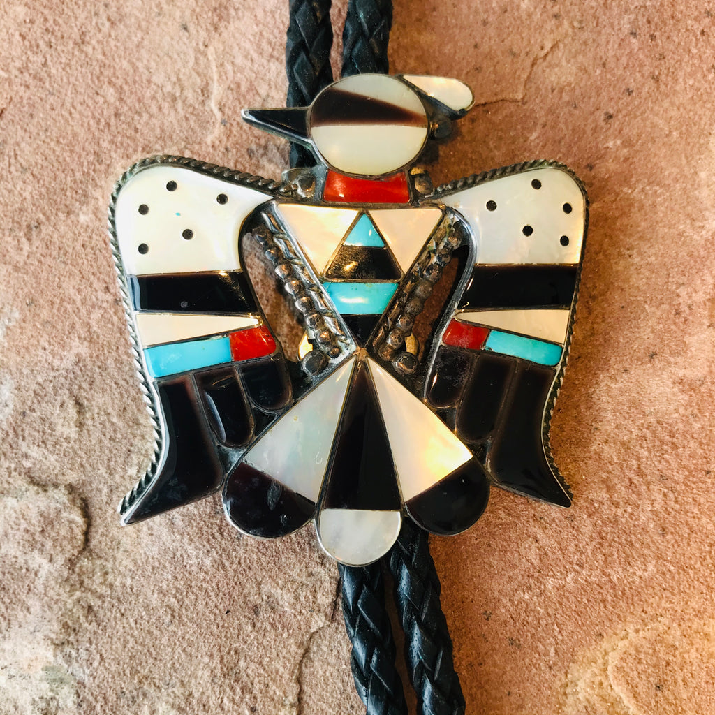 Vintage Thunderbird Bolo Tie with Turquoise and other natural stones by Bobby and Corraine Shack, Zuni, BBL7