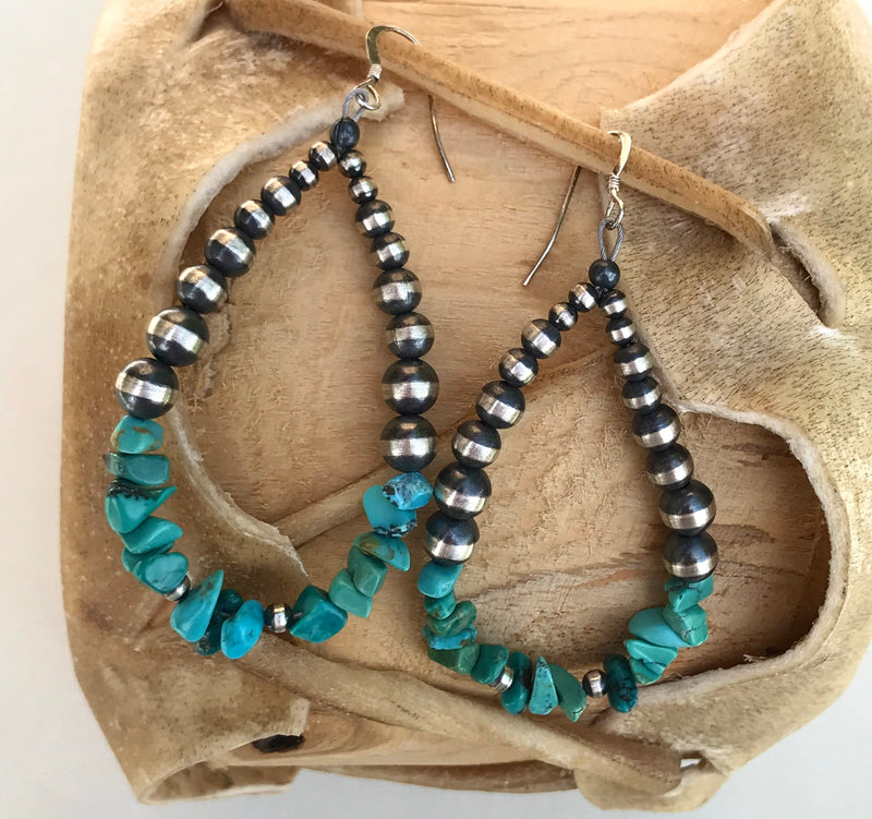 Native American Silver Beaded Dangle Earrings with Turquoise Nuggets, Silver beads and turquoise Navajo earrings (1/252)