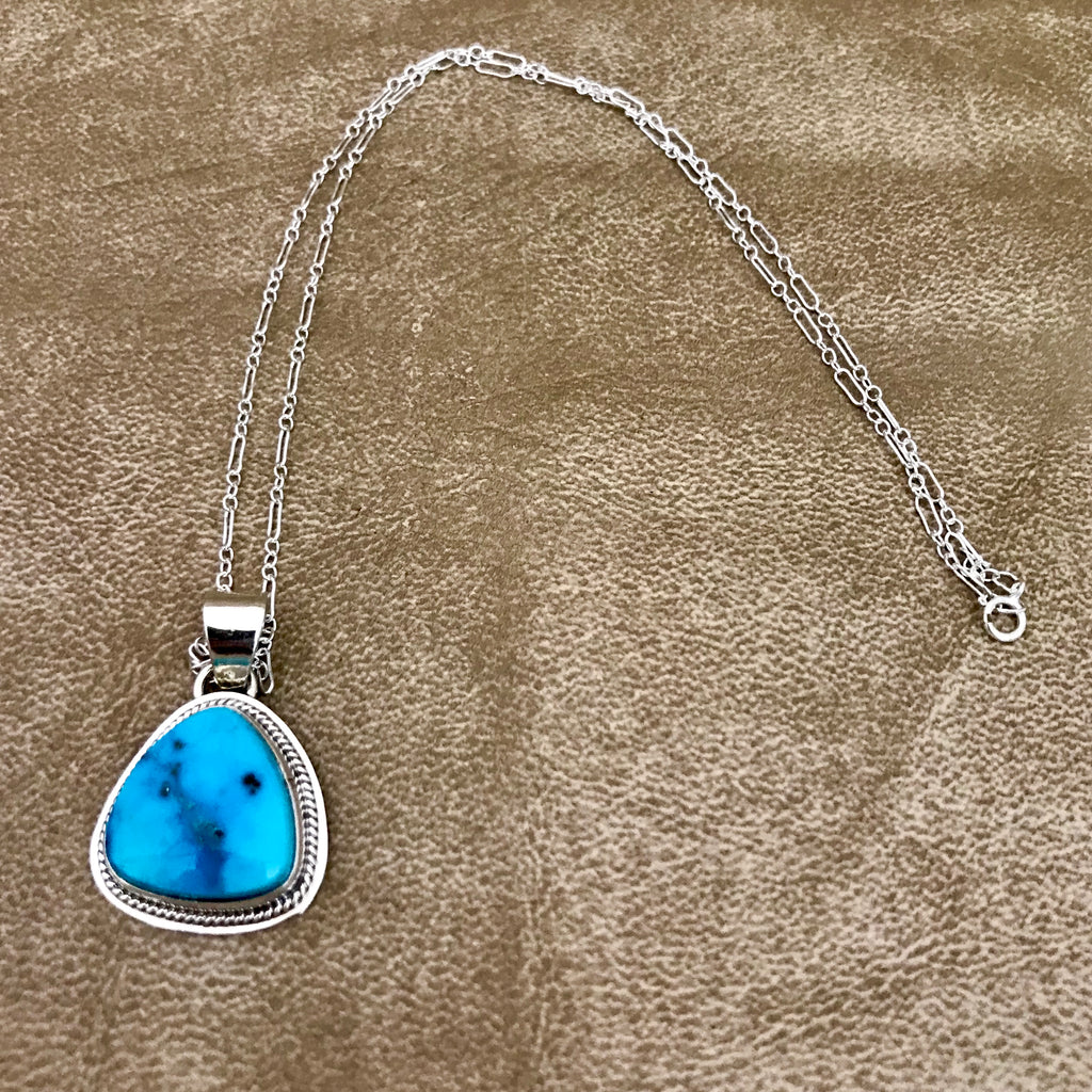 Kingman Blue Turquoise Pendant on Chain by Lyle Piaso, Navajo, Native American Kingman turquoise pendant (2/129)