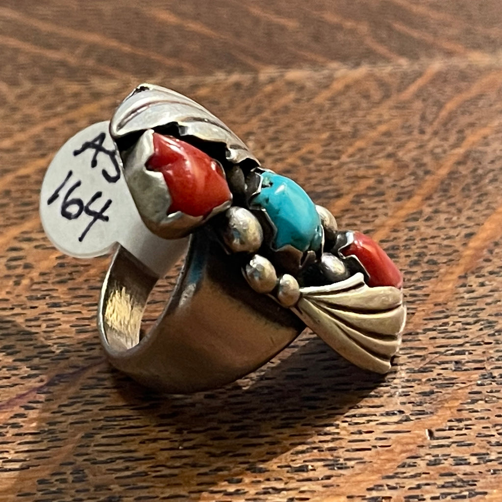 Vintage Turquoise & Coral Authentic Navajo Silver ring with Leaf - Handmade bezel and Genuine Turquoise and Coral  (AS164)