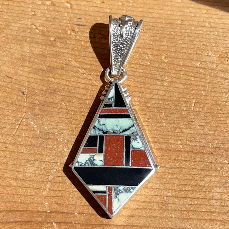 Contemporary Navajo Inlay Pendant with New Lander Turquoise, Black Jade, and Coral, by David Rosales of Supersmith Inc.   1/457