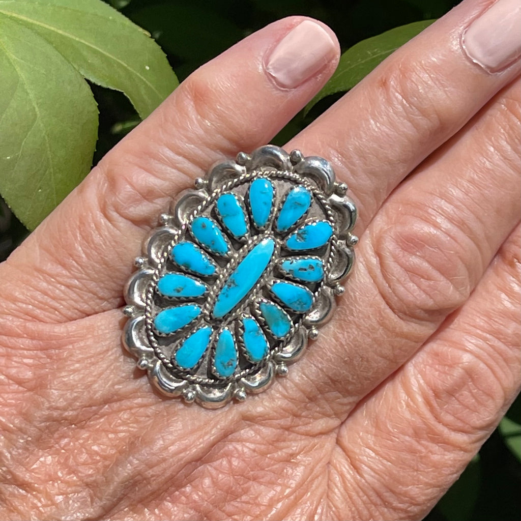 Navajo Turquoise Cluster Ring by Justin Wilson, Turquoise Nugget cluster style Navajo ring, Size 9 1/2 (9/564)