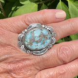 Golden Hills Turquoise Navajo sterling silver ring by Emma Mae Linkin, Navajo turquoise ring in size 8 1/2 by Emma Mae Linkin (1/361)