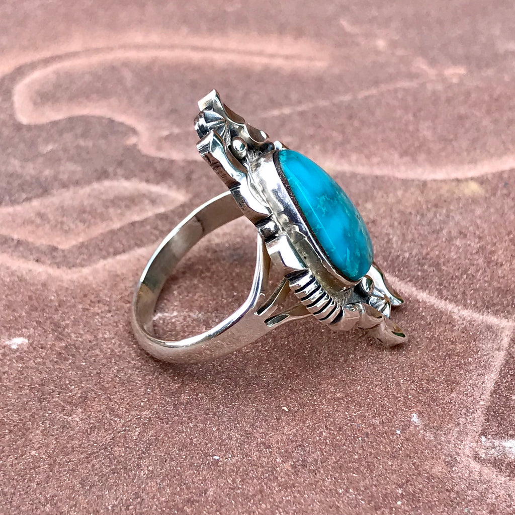 Navajo turquoise ring with blue turquoise, authentic Navajo turquoise ring in size 9 (DK9-45)