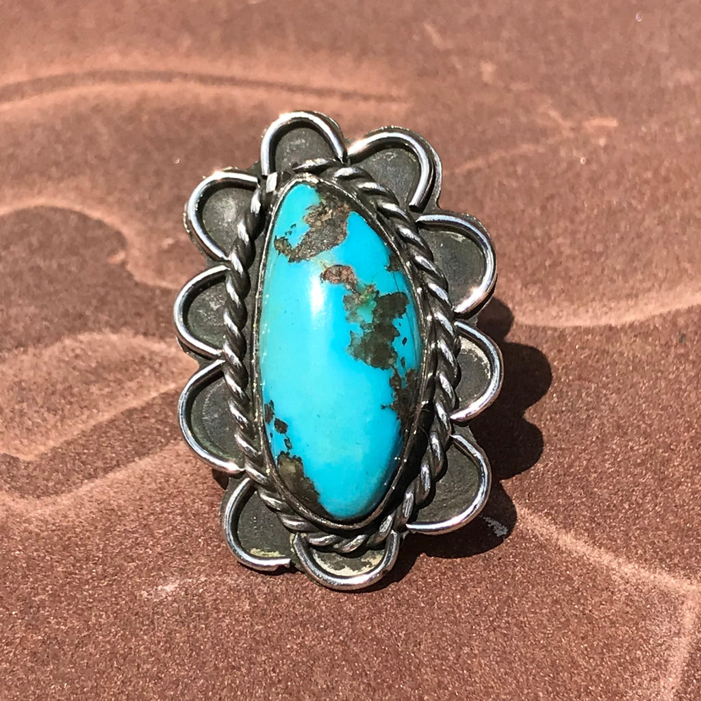 Vintage Blue Turquoise Navajo Ring with Flat Bezel and Rope Design ...