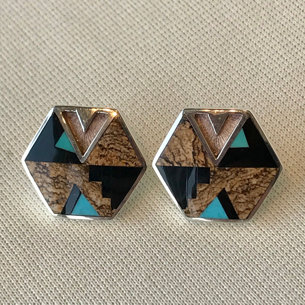 Contemporary Navajo Inlaid Hexagon Post Earrings by David Rosales of Supersmith with Black Jade, Picture Jasper, and Turquoise 1/443