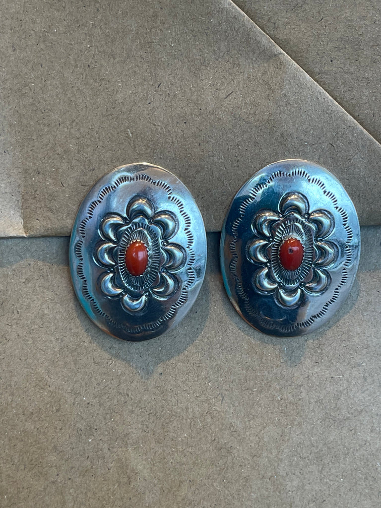 Navajo stamped coral oval CLIP earrings, Traditional stamped Navajo silver earrings with coral stone (SC12)