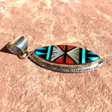 Zuni multi color inlay pendant with turquoise, coral, mother of pearl and black jet, Authentic Zuni silver and stone pendant (2/103)