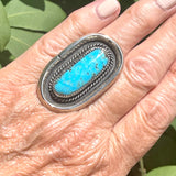 Large oval authentic Navajo ring with blue green turquoise stone  KD221