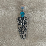 Alex Sanchez Grandmother Pendant with Kingman Turquoise & Tribal Symbols, Alex Sanchez, Navajo/Zuni Petroglyph turquoise jewelry 2/240