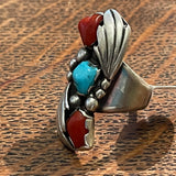 Vintage Turquoise & Coral Authentic Navajo Silver ring with Leaf - Handmade bezel and Genuine Turquoise and Coral  (AS164)