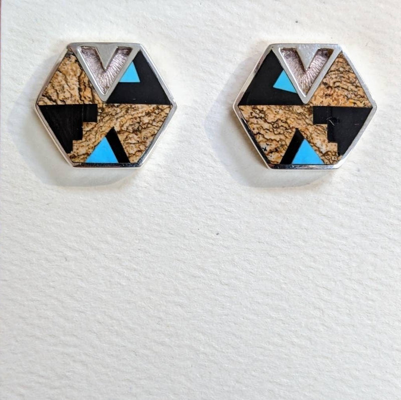 Contemporary Navajo Inlaid Hexagon Post Earrings by David Rosales of Supersmith with Black Jade, Picture Jasper, and Turquoise 1/443