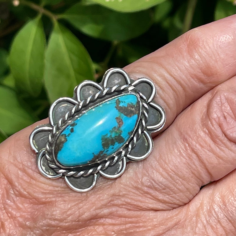 Vintage Blue Turquoise Navajo Ring with Flat Bezel and Rope Design, Traditional Navajo Vintage turquoise ring size 6 (3/12)