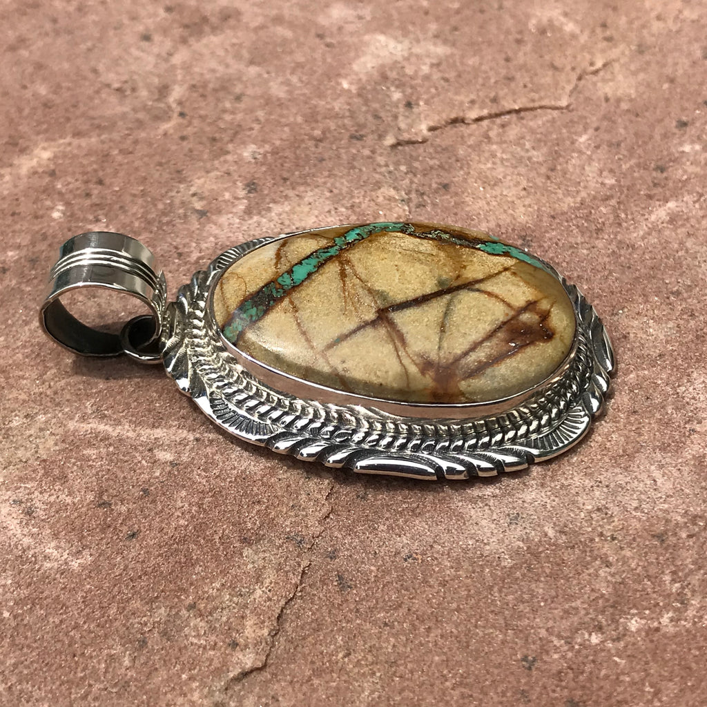 Will Denetdale, Boulder or Ribbon Turquoise Navajo Pendant, Sterling silver Navajo pendant with Bould)er TQ, by W Denatdale (1/257)
