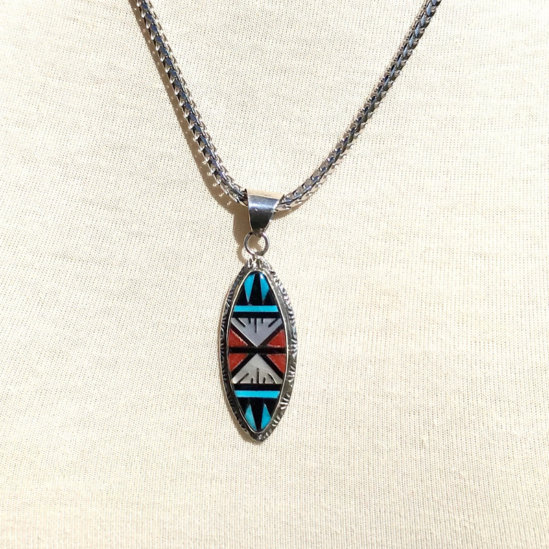 Zuni multi color inlay pendant with turquoise, coral, mother of pearl and black jet, Authentic Zuni silver and stone pendant (2/103)