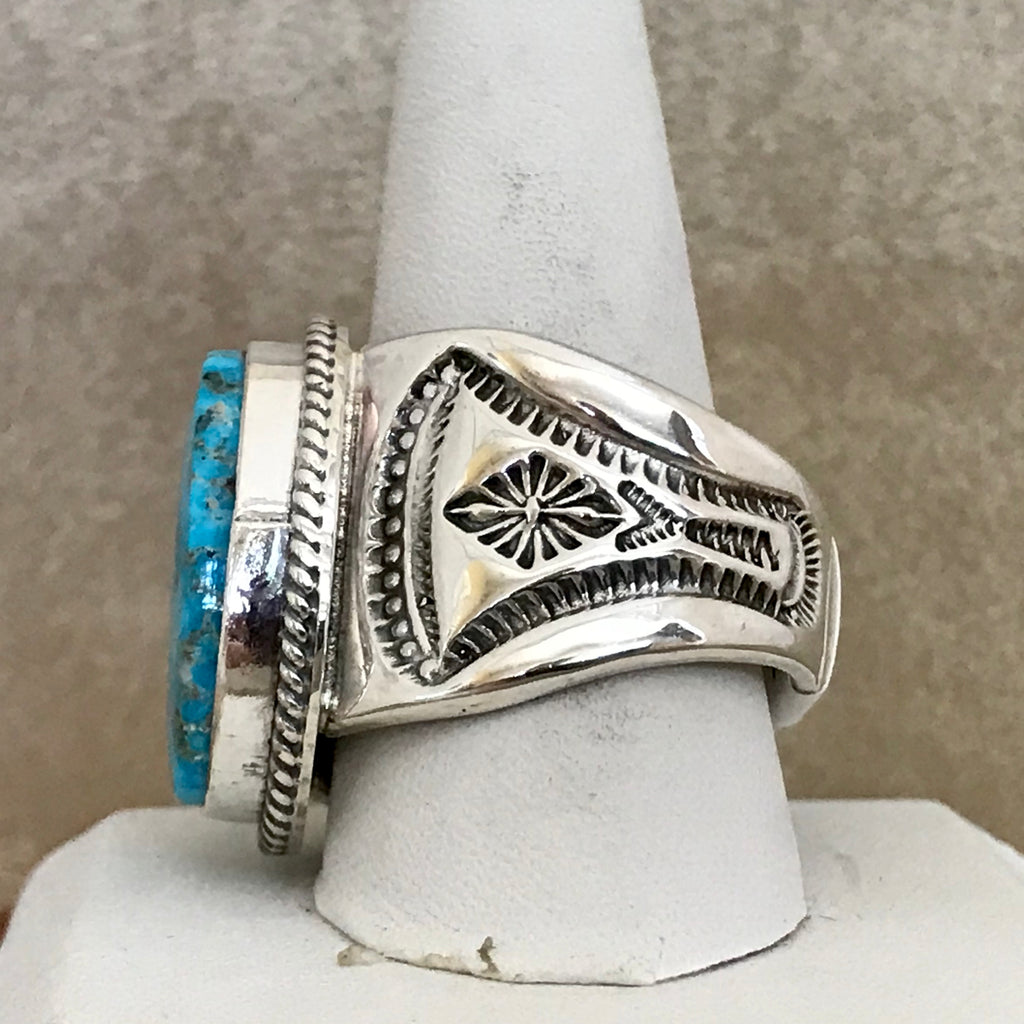 Kingman turquoise silver ring by Burt and Kathy Francisco, Navajo, Silver  stamped ring with Kingman Turquoise Size 11 3/4 (2/139)