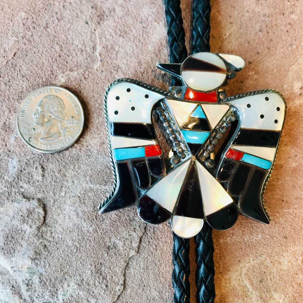 Vintage Thunderbird Bolo Tie with Turquoise and other natural stones by Bobby and Corraine Shack, Zuni, BBL7
