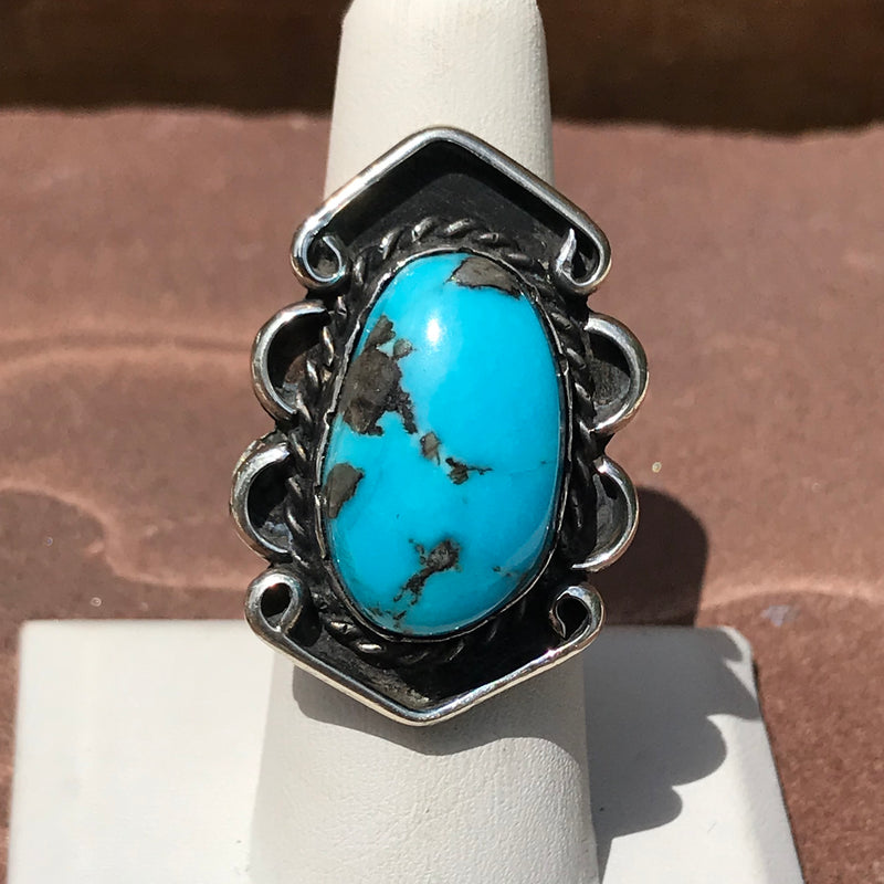 Vintage Blue Turquoise Navajo Ring with Flat Bezel and Rope Design, Traditional Navajo Vintage turquoise ring size 6 1/4  (KD232)