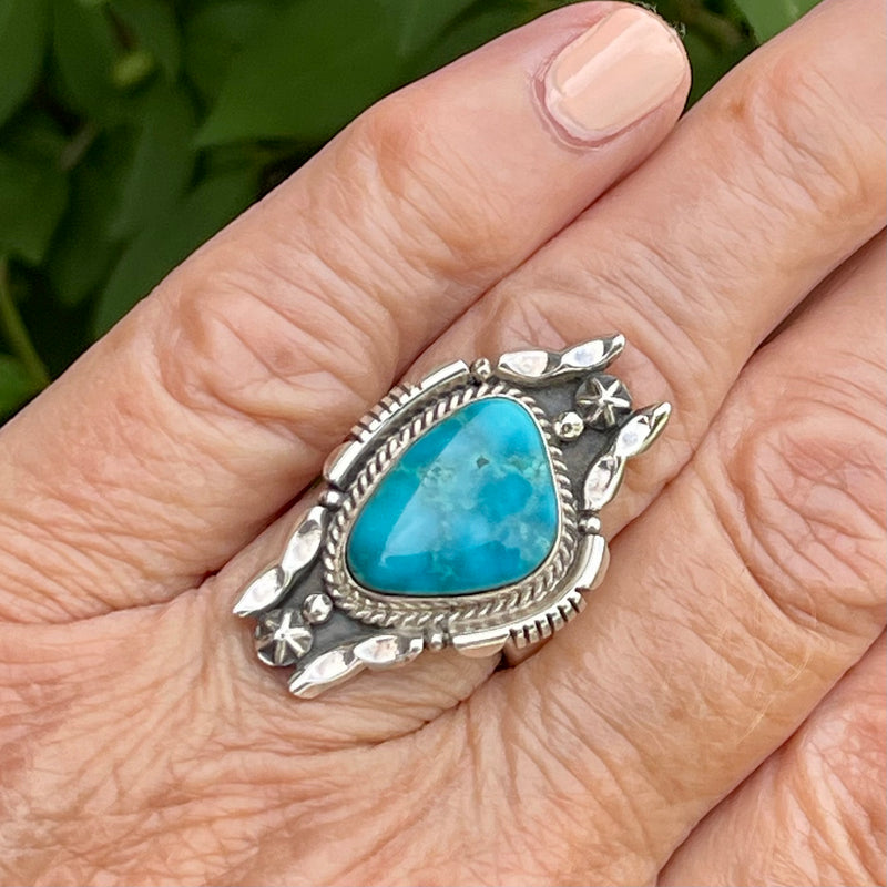 Navajo turquoise ring with blue turquoise, authentic Navajo turquoise ring in size 9 (DK9-45)