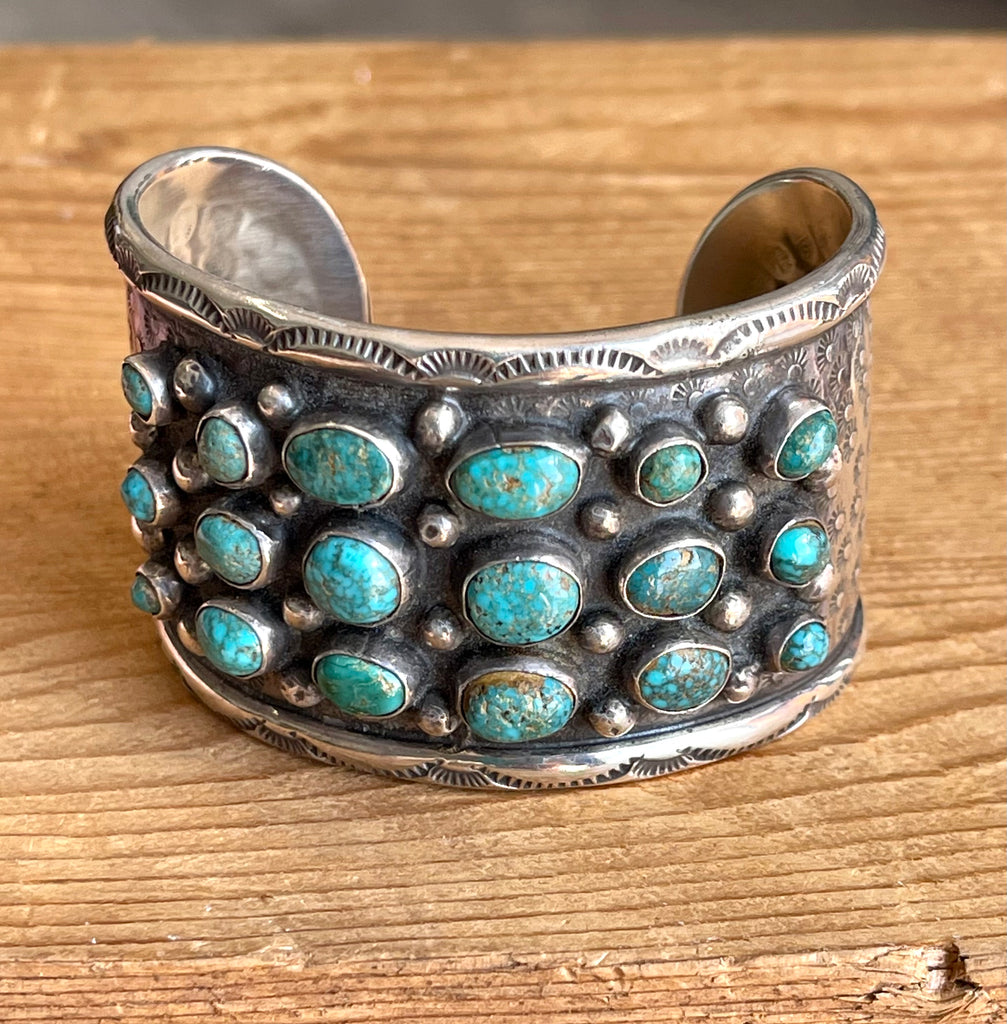 Vintage Navajo bracelet with 18 Lone Mountain turquoise stones, Classic Navajo style cuff with Lone Mountain TQ, circa 1950's (NL71)