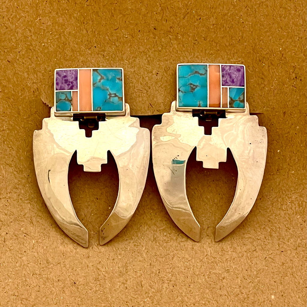 Ray Tracey, Navajo CLIP earrings with turquoise, coral & sugilite in sterling silver, Ray Tracey jewelry (JD6)