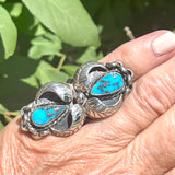 Vintage Navajo Blue Turquoise Ring with Leaf Design,  Long silver and turquoise Navajo ring Size 5 3/4 (KD227)