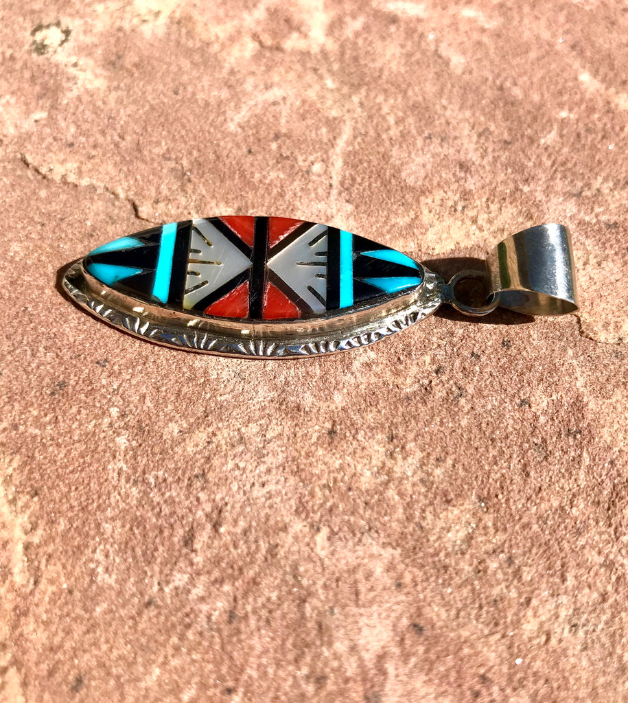 Zuni multi color inlay pendant with turquoise, coral, mother of pearl and black jet, Authentic Zuni silver and stone pendant (2/103)