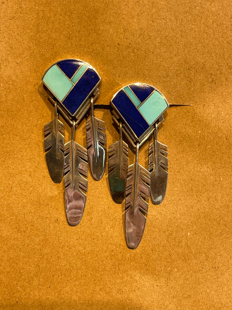 Ray Tracey, Navajo CLIP earrings with turquoise and blue lapis stones with sterling silver feathers, Ray Tracey jewelry  (JD19)
