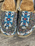 Sioux Beaded Moccasins - Salt & Pepper, greasy yellow and blue beads ca. 1920 -Sinew sewn (GM69)