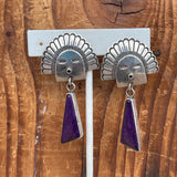 Navajo CLIP earrings with silver headdress and sugilite stones in silver by Allison Lee, Navajo, Allison Snowhawk Lee (JD26)
