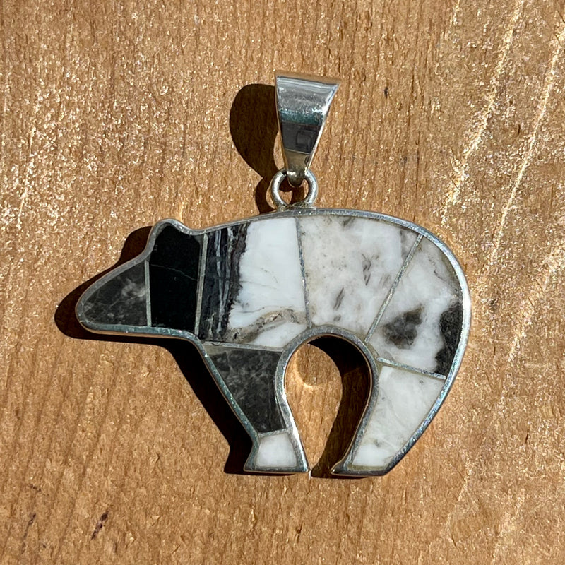 Contemporary Navajo Inlay Bear Pendant with Natural White Buffalo Designed by David Rosales of Supersmith    1/456