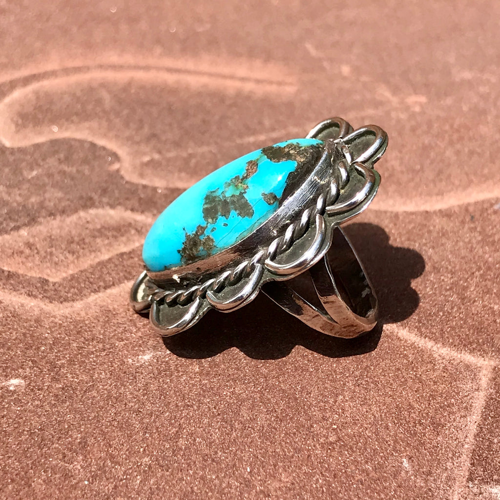 Vintage Blue Turquoise Navajo Ring with Flat Bezel and Rope Design, Traditional Navajo Vintage turquoise ring size 6 (3/12)
