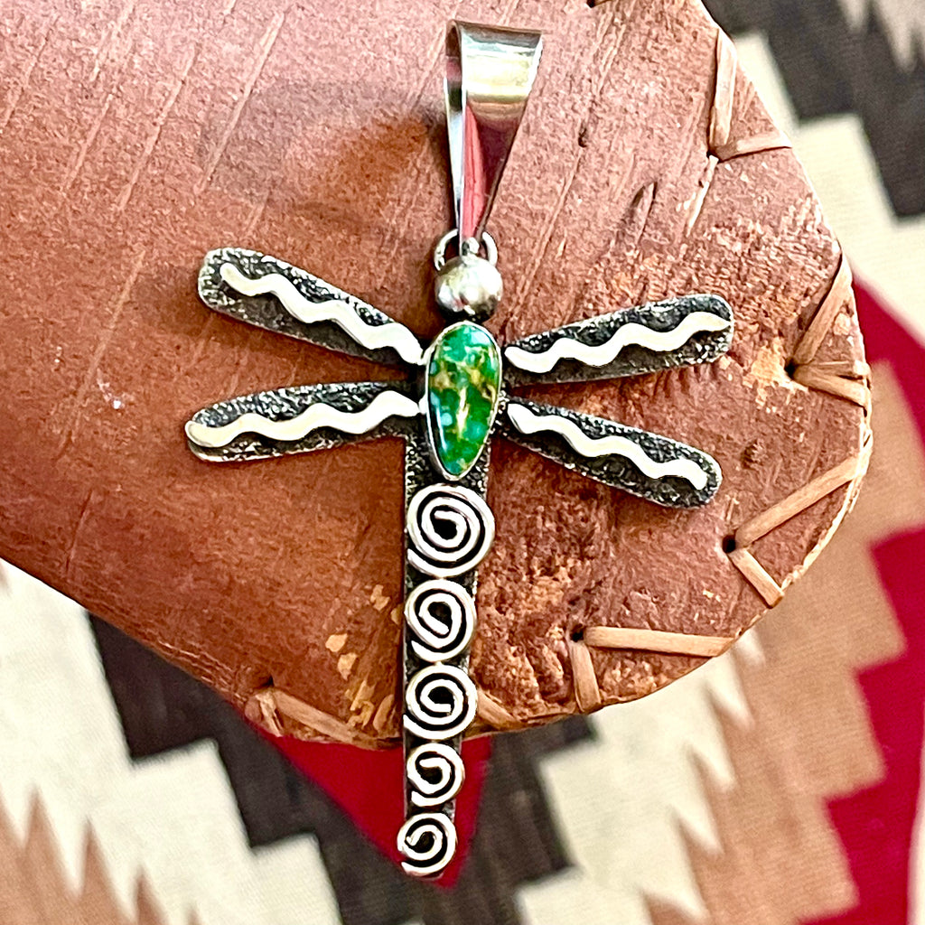Alex Sanchez Dragonfly Pendant with Sonoran Gold Turquoise & Tribal Symbols, Alex Sanchez, Navajo/Zuni Petroglyph turquoise jewelry 2/142