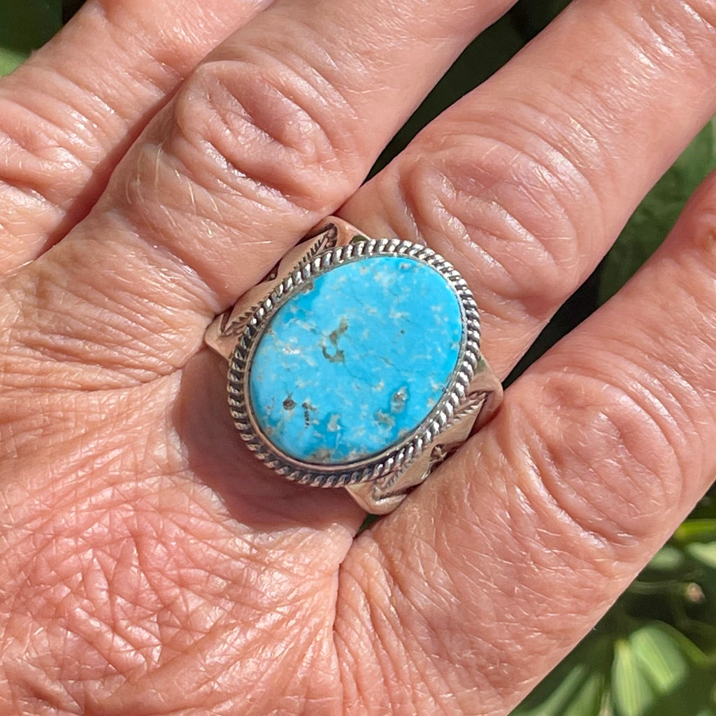 Kingman turquoise silver ring by Burt and Kathy Francisco, Navajo, Silver stamped ring with Kingman Turquoise Size 11 3/4 (2/139)
